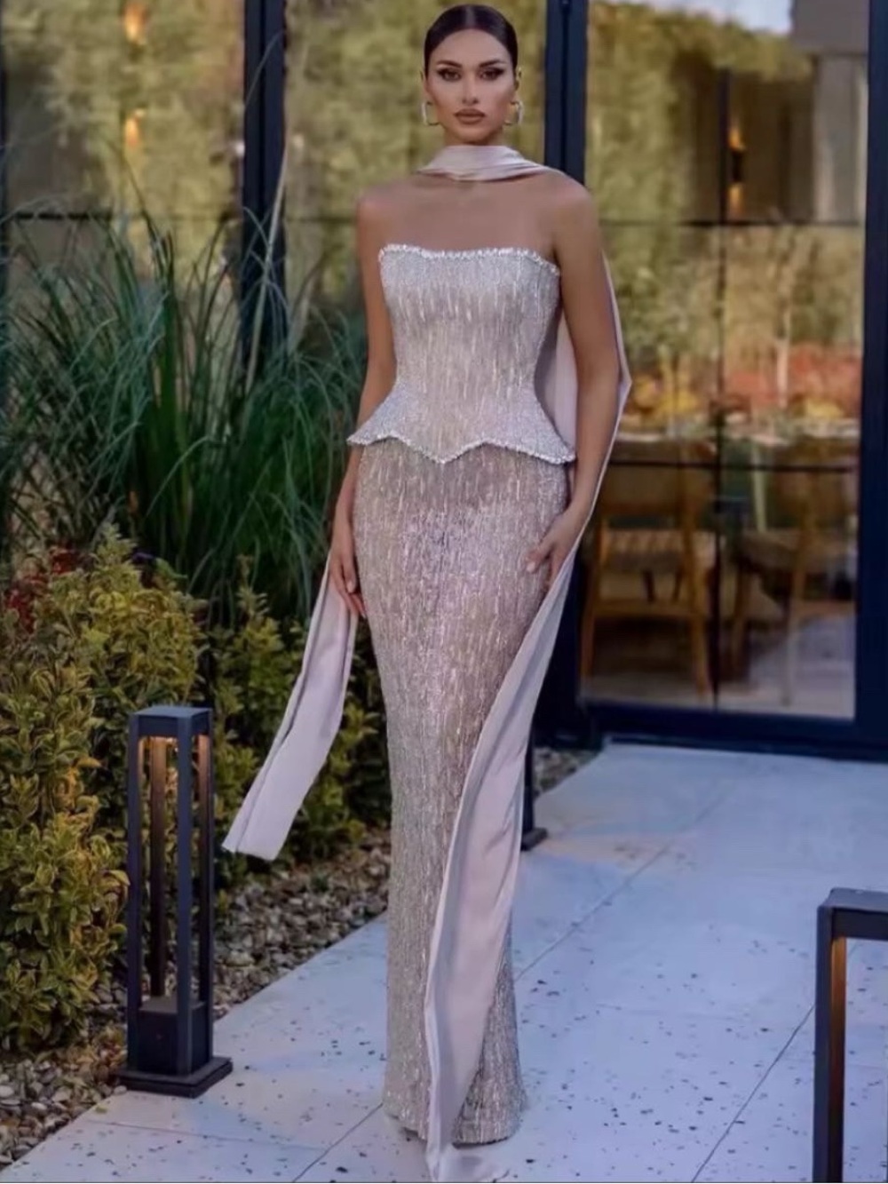 Strapless Shimmer Column Evening Gown in champagne/nude w/Silver